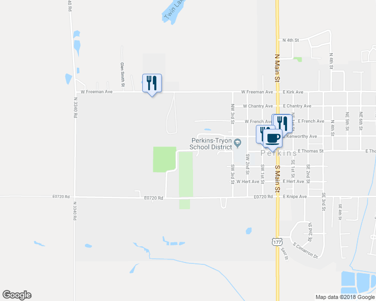 map of restaurants, bars, coffee shops, grocery stores, and more near Thomas Avenue in Perkins