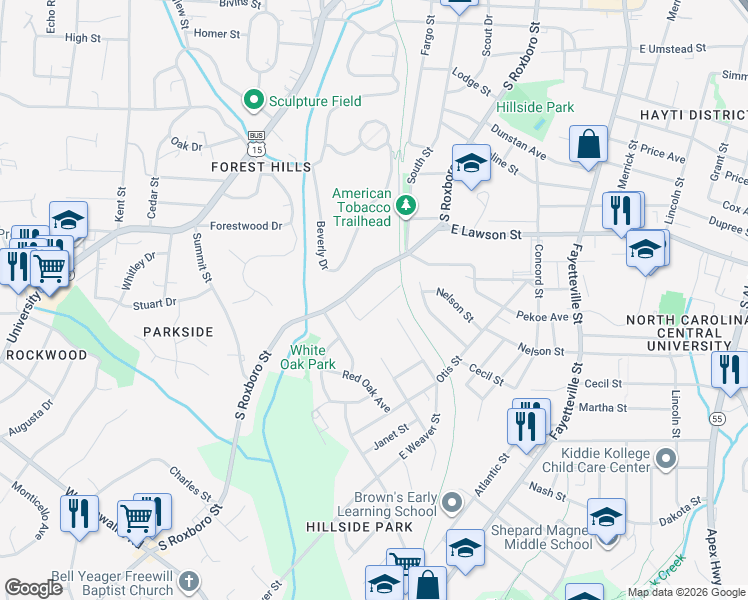 map of restaurants, bars, coffee shops, grocery stores, and more near 1907 South Roxboro Street in Durham