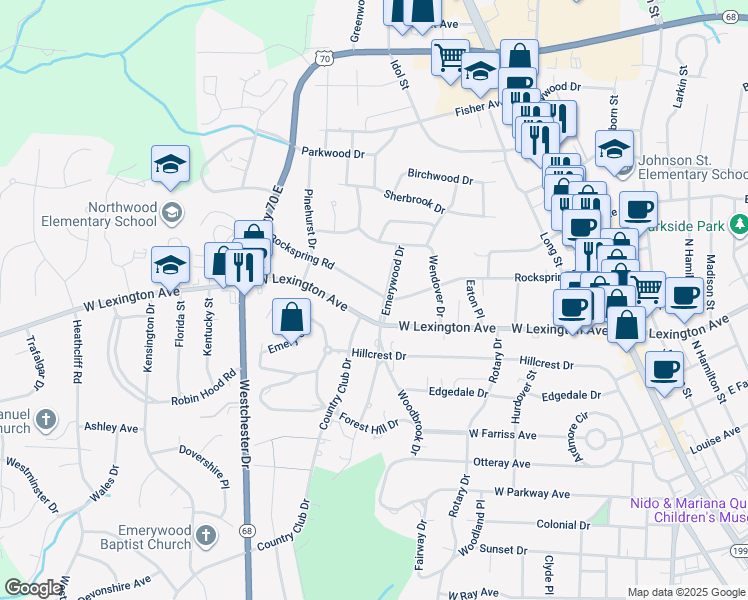 map of restaurants, bars, coffee shops, grocery stores, and more near 603 Rockspring Road in High Point