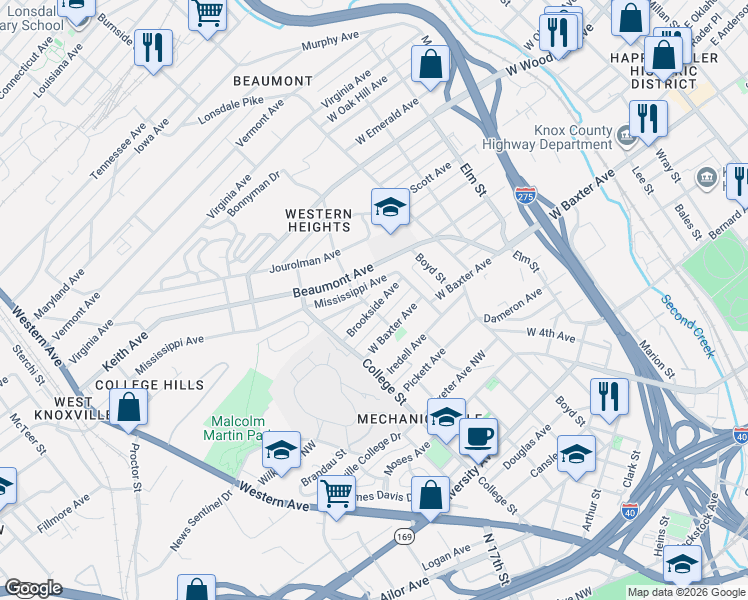 map of restaurants, bars, coffee shops, grocery stores, and more near 910 Reed Street in Knoxville