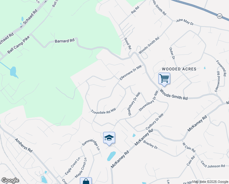 map of restaurants, bars, coffee shops, grocery stores, and more near 6405 Trousdale Road Northwest in Knoxville