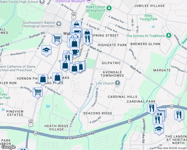 map of restaurants, bars, coffee shops, grocery stores, and more near 420 Elm Avenue in Wake Forest