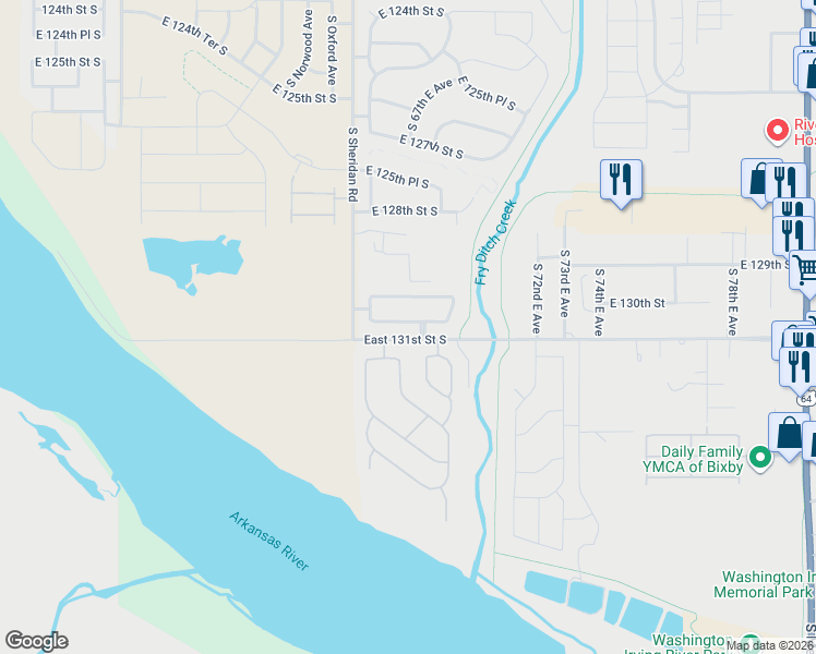 map of restaurants, bars, coffee shops, grocery stores, and more near 6663 East 130th Place South in Bixby