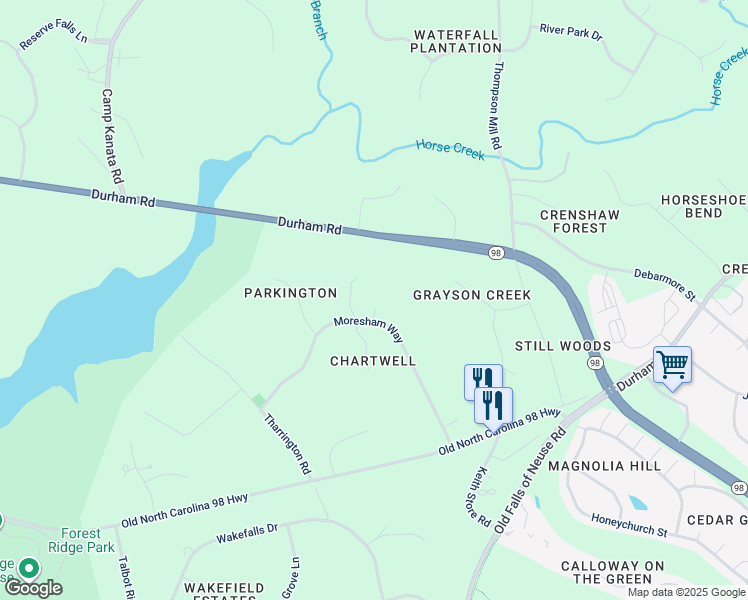 map of restaurants, bars, coffee shops, grocery stores, and more near 7001 Moresham Way in Wake Forest