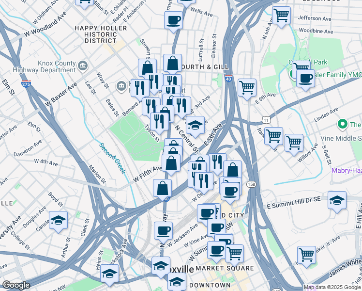 map of restaurants, bars, coffee shops, grocery stores, and more near in Knoxville
