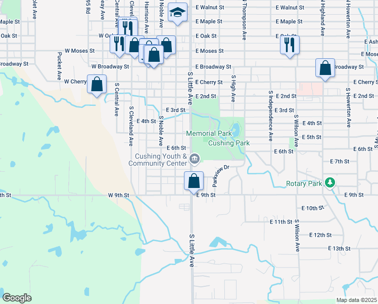 map of restaurants, bars, coffee shops, grocery stores, and more near 425 East 6th Street in Cushing