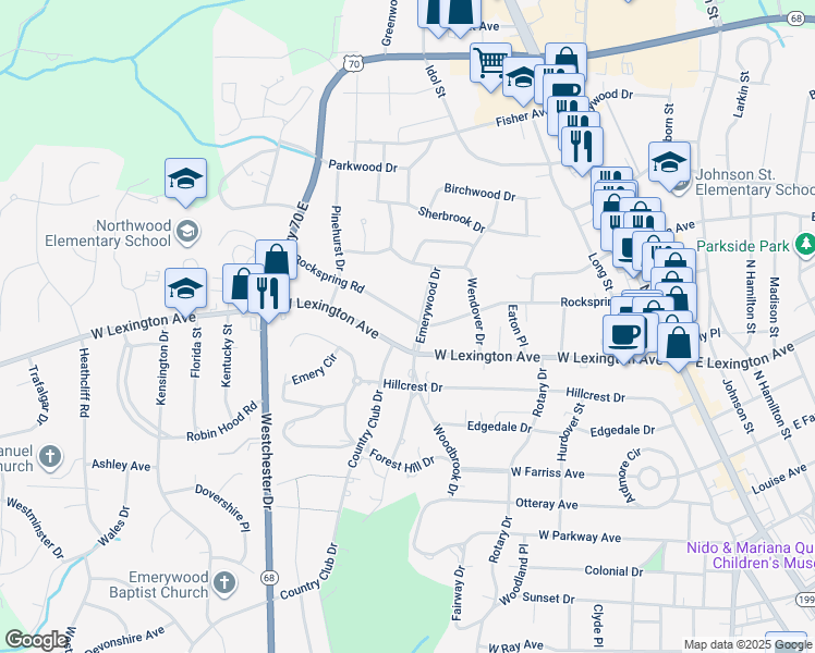 map of restaurants, bars, coffee shops, grocery stores, and more near 603 Rockspring Road in High Point