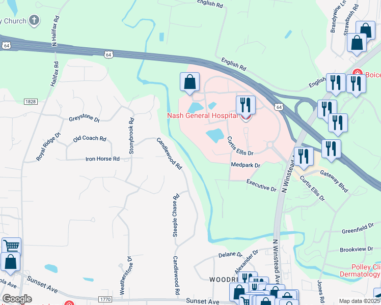 map of restaurants, bars, coffee shops, grocery stores, and more near Medpark Drive in Rocky Mount
