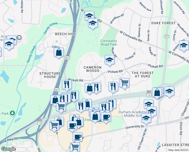 map of restaurants, bars, coffee shops, grocery stores, and more near 2915 Ashland Drive in Durham