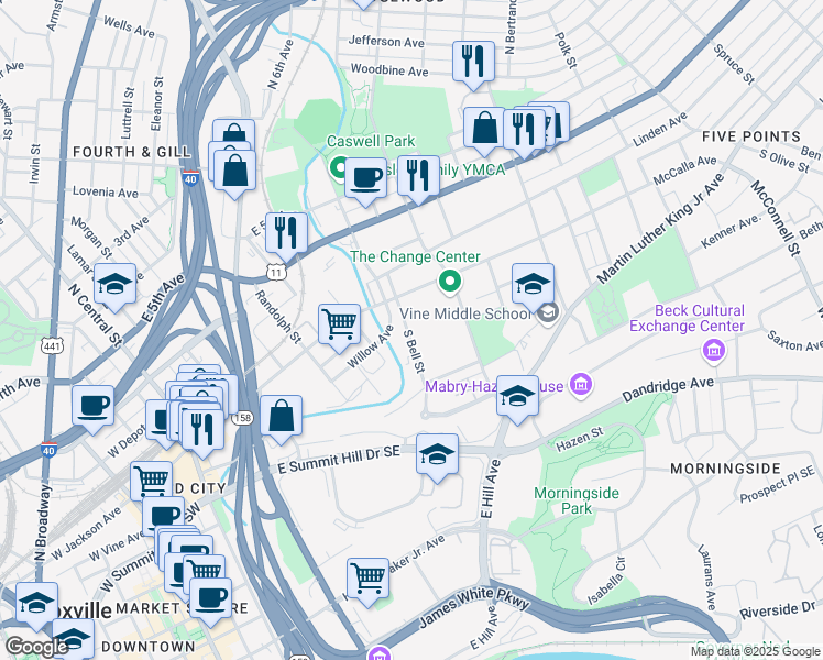 map of restaurants, bars, coffee shops, grocery stores, and more near 120 South Bell Street in Knoxville