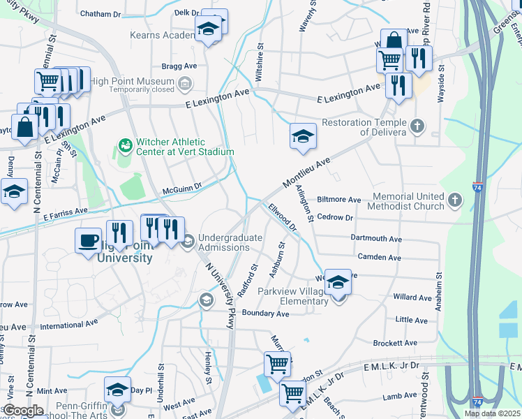 map of restaurants, bars, coffee shops, grocery stores, and more near 1042 Montlieu Avenue in High Point