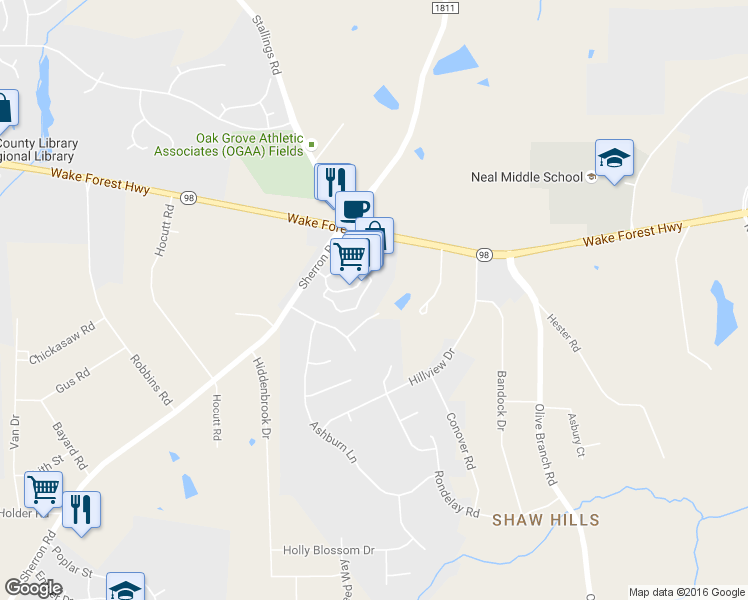 map of restaurants, bars, coffee shops, grocery stores, and more near 109 Oakchest Court in Durham