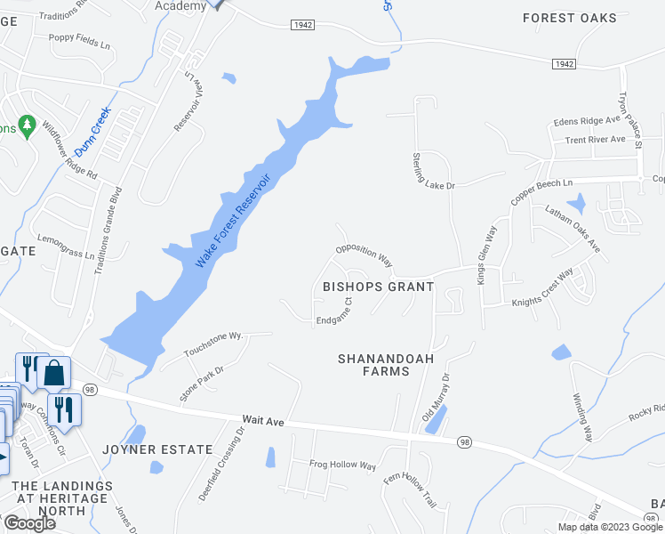 map of restaurants, bars, coffee shops, grocery stores, and more near 520 Opposition Way in Wake Forest