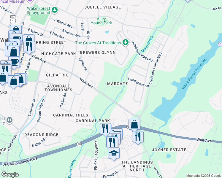 map of restaurants, bars, coffee shops, grocery stores, and more near 908 Havisham Court in Wake Forest