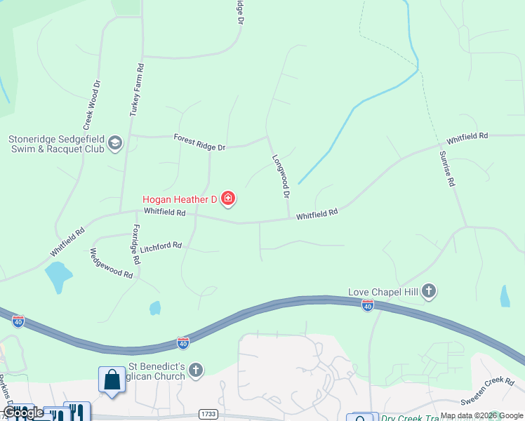 map of restaurants, bars, coffee shops, grocery stores, and more near 3306 Whitfield Road in Chapel Hill