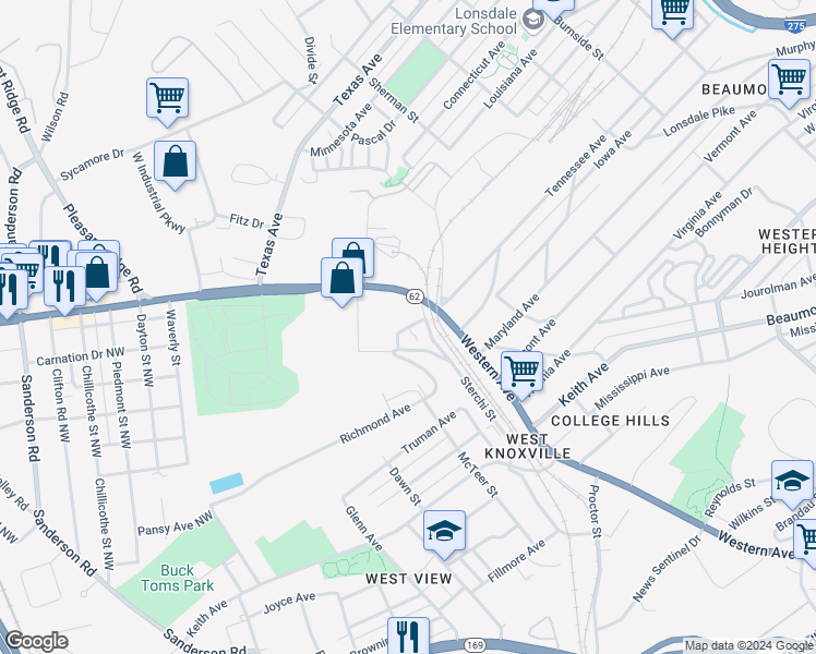 map of restaurants, bars, coffee shops, grocery stores, and more near 2399 Tennessee Avenue in Knoxville
