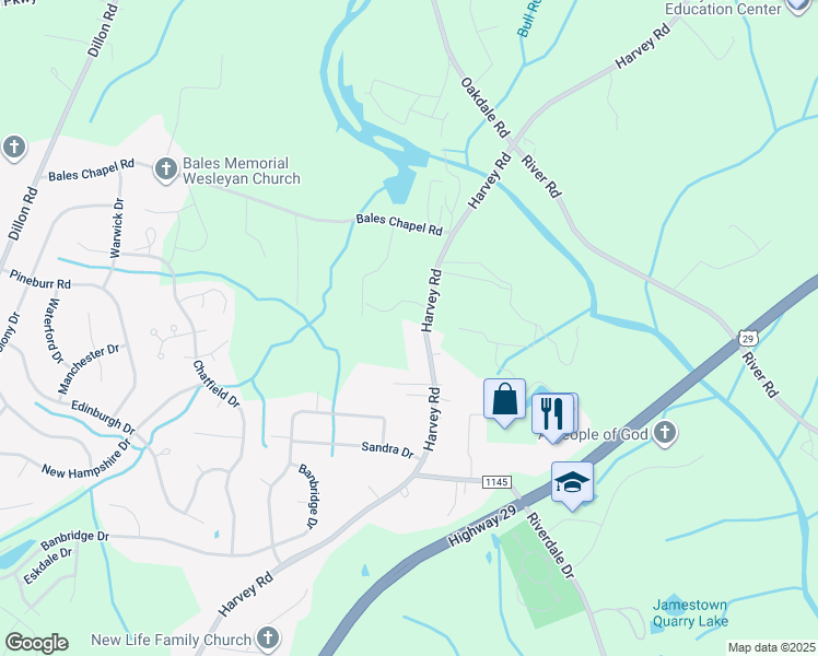 map of restaurants, bars, coffee shops, grocery stores, and more near 5018 Harvey Road in Jamestown