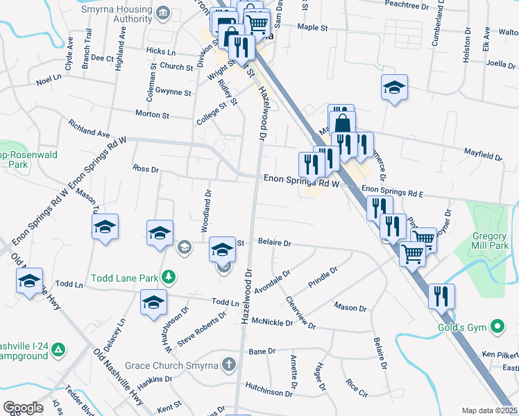 map of restaurants, bars, coffee shops, grocery stores, and more near 509 Hazelwood Drive in Smyrna