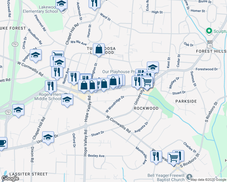 map of restaurants, bars, coffee shops, grocery stores, and more near 2631 Durham-Chapel Hill Boulevard in Durham