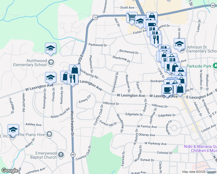 map of restaurants, bars, coffee shops, grocery stores, and more near 605 Rockspring Road in High Point