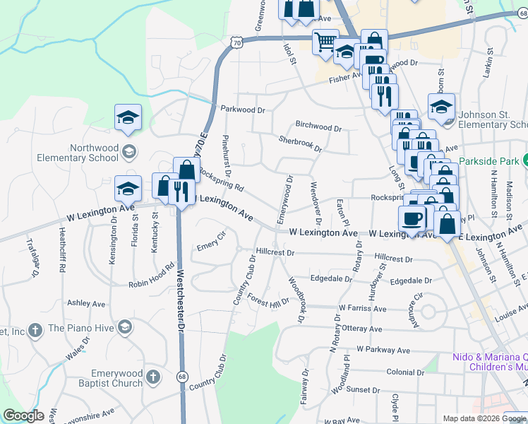 map of restaurants, bars, coffee shops, grocery stores, and more near 605 Rockspring Road in High Point