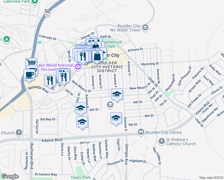 map of restaurants, bars, coffee shops, grocery stores, and more near 663 California Avenue in Boulder City