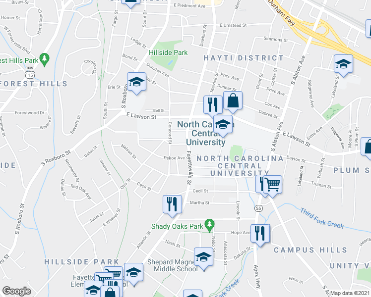 map of restaurants, bars, coffee shops, grocery stores, and more near 1902 Fayetteville Street in Durham