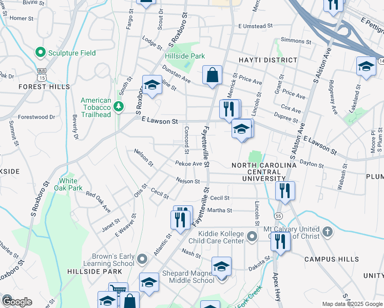 map of restaurants, bars, coffee shops, grocery stores, and more near 304 Formosa Avenue in Durham