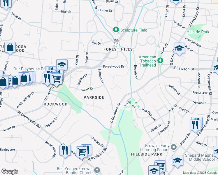 map of restaurants, bars, coffee shops, grocery stores, and more near 2201 Summit Street in Durham