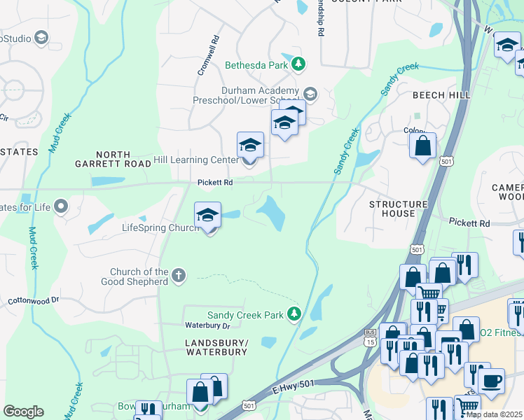 map of restaurants, bars, coffee shops, grocery stores, and more near 403 Emerald Pond Lane in Durham