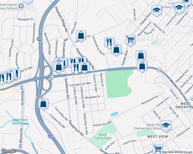 map of restaurants, bars, coffee shops, grocery stores, and more near 3408 Western Avenue in Knoxville