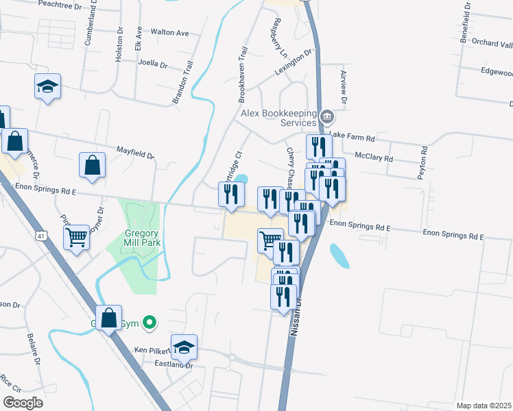 map of restaurants, bars, coffee shops, grocery stores, and more near 417 Enon Springs Road East in Smyrna