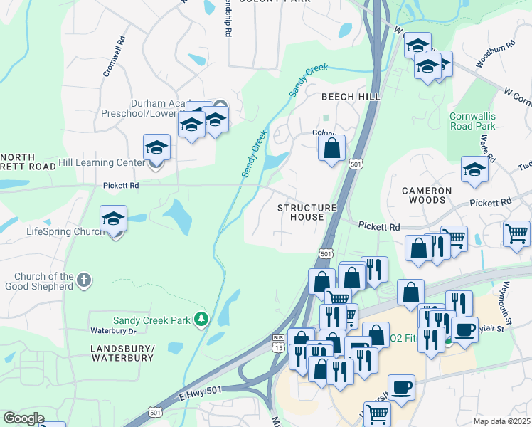 map of restaurants, bars, coffee shops, grocery stores, and more near 3207 Coachman's Way in Durham