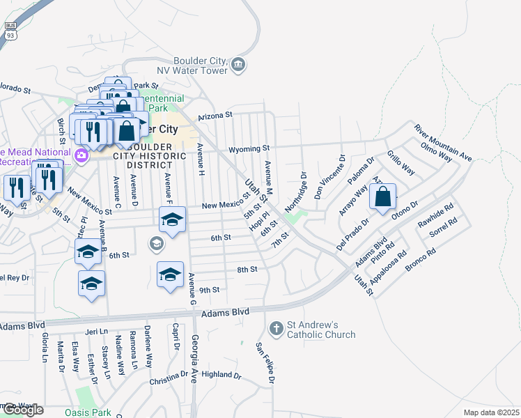 map of restaurants, bars, coffee shops, grocery stores, and more near 517 5th Street in Boulder City