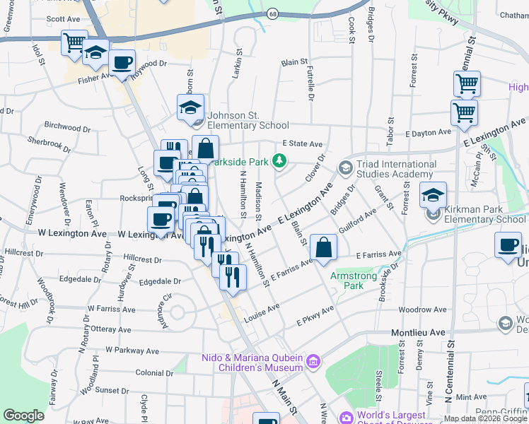 map of restaurants, bars, coffee shops, grocery stores, and more near 404 Clover Drive in High Point