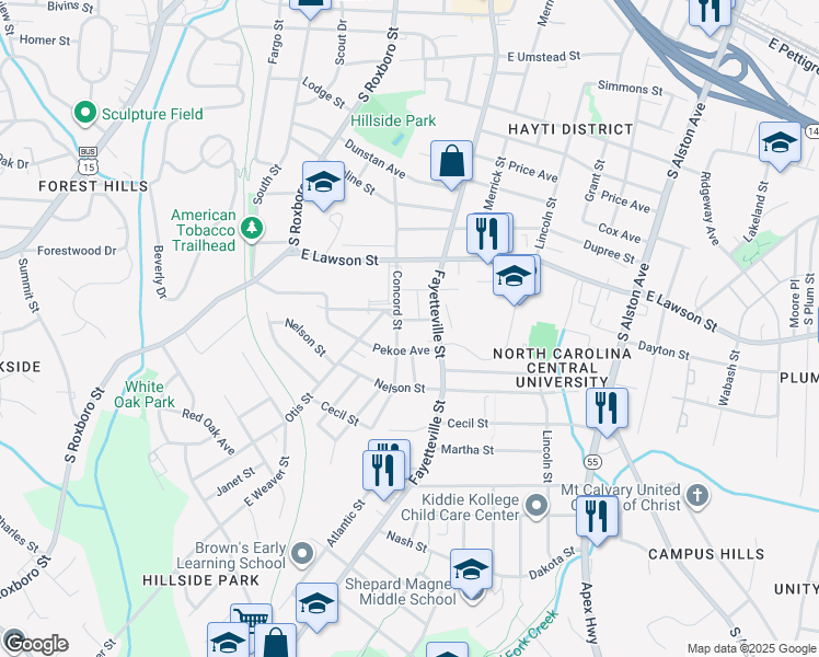 map of restaurants, bars, coffee shops, grocery stores, and more near 304 Formosa Avenue in Durham