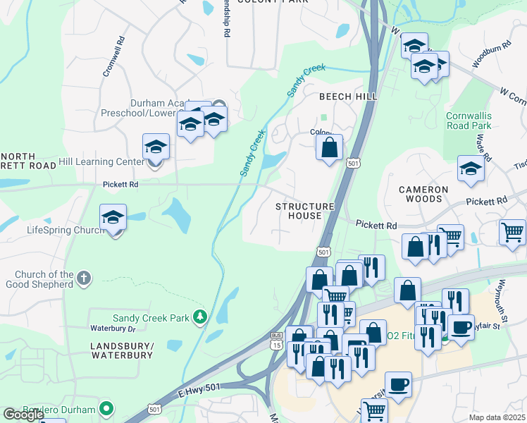 map of restaurants, bars, coffee shops, grocery stores, and more near 3205 Coachman's Way in Durham