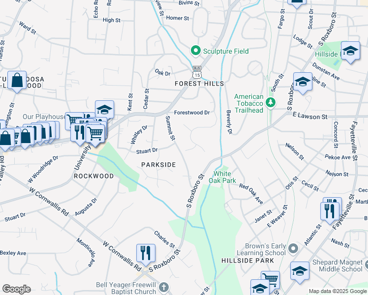 map of restaurants, bars, coffee shops, grocery stores, and more near 2201 Summit Street in Durham