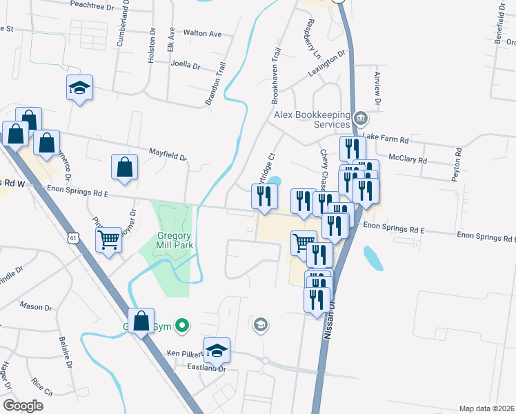 map of restaurants, bars, coffee shops, grocery stores, and more near 411 Enon Springs Road East in Smyrna