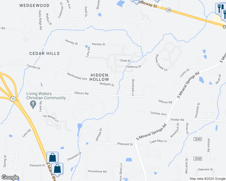 map of restaurants, bars, coffee shops, grocery stores, and more near 3408 Redgate Drive in Durham
