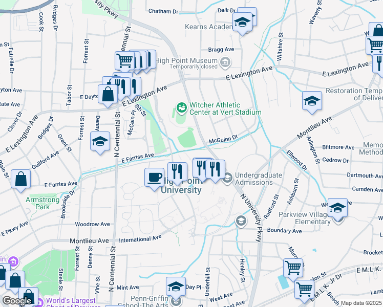 map of restaurants, bars, coffee shops, grocery stores, and more near 1300 East Lexington Avenue in High Point