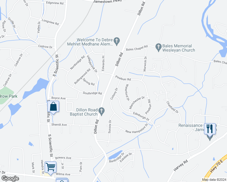 map of restaurants, bars, coffee shops, grocery stores, and more near 3203 Colony Drive in Jamestown