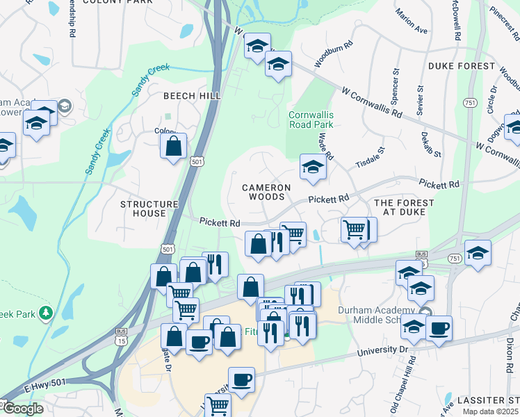 map of restaurants, bars, coffee shops, grocery stores, and more near 2 Paradise Place in Durham