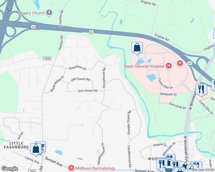 map of restaurants, bars, coffee shops, grocery stores, and more near 216 Candlewood Road in Rocky Mount