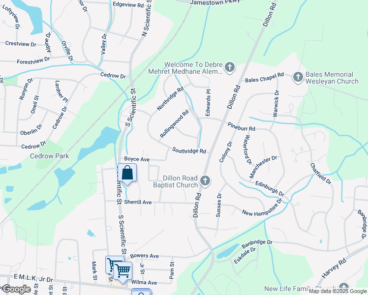 map of restaurants, bars, coffee shops, grocery stores, and more near 507 Southridge Road in Jamestown