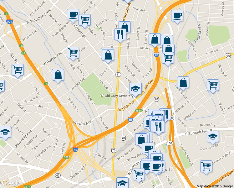 map of restaurants, bars, coffee shops, grocery stores, and more near 544 North Broadway St NE in Knoxville