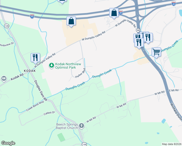 map of restaurants, bars, coffee shops, grocery stores, and more near 248 Dumplin Lane in Kodak