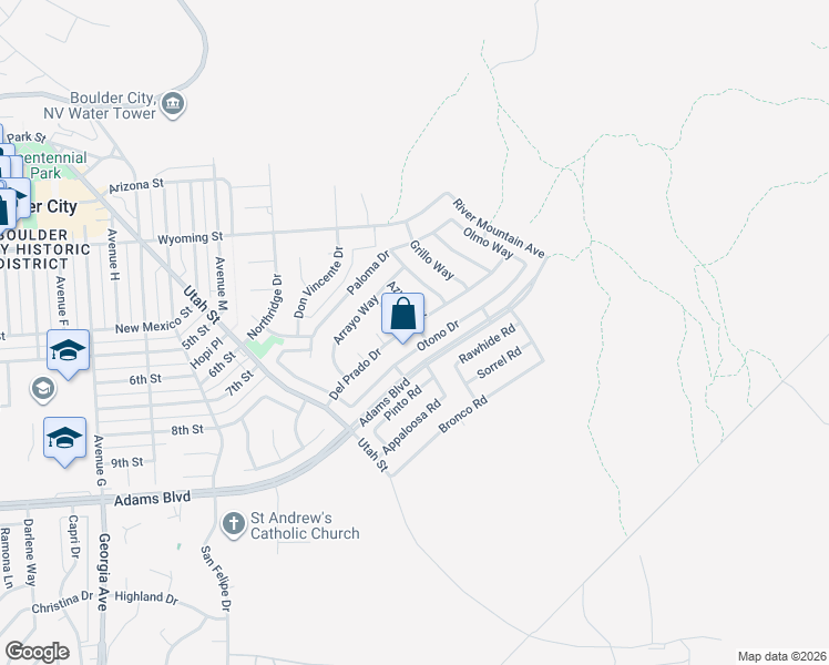 map of restaurants, bars, coffee shops, grocery stores, and more near 637 Del Prado Drive in Boulder City