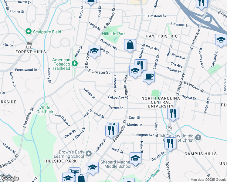 map of restaurants, bars, coffee shops, grocery stores, and more near 304 Formosa Avenue in Durham