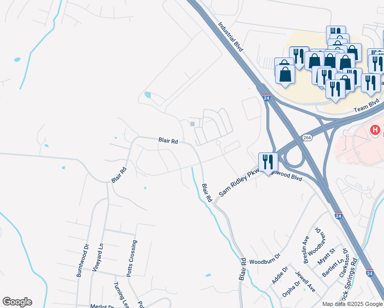 map of restaurants, bars, coffee shops, grocery stores, and more near 257-291 Blair Road in Smyrna